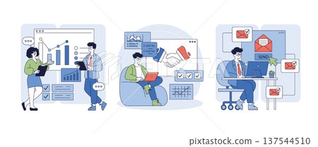 Vector illustration showing business concepts with graphs, online meetings, and email communication. Characters engage in data analysis, virtual handshake, and digital interaction. Vector illustration showing business concepts with graphs, online meetings, and email communication. Characters engage in data analysis, virtual handshake, and digital interaction. 137544510