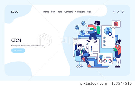 Vector illustration showing a team engaging with CRM software on a computer, analyzing data, and exchanging ideas. The image highlights teamwork, technology, and efficient communication. 137544516