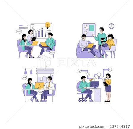 Vector illustration depicting a team engaged in collaboration. Multiple scenes show colleagues discussing charts, presentations, strategies, and workflow processes, emphasizing teamwork. 137544517