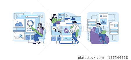 Vector illustration of a team collaborating in digital design. Features people working with laptops and design tools, focusing on web development and interface creation. 137544518