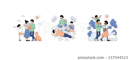 Family illustration showcasing joyful outdoor activities. Features a picnic, dog walking, and playful moments with children under the sun. Perfect for promoting family togetherness. Family illustration showcasing joyful outdoor activities. Features a picnic, dog walking, and playful moments with children under the sun. Perfect for promoting family togetherness. 137544523