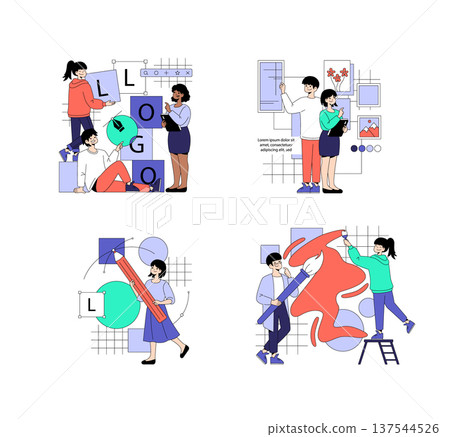 Vector illustration showcasing a creative team collaborating on various design projects. Scenes include logo creation, brainstorming ideas, sketching, and painting, highlighting teamwork and 137544526