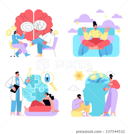 Colorful vector illustration depicting mental health themes. Features people engaging in therapy, meditation, and self-care, promoting wellness, relaxation, and positive mindset. 137544532