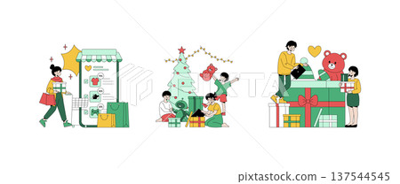 Christmas-themed vector illustration showcasing online shopping, family gift exchange by the tree, and joy in receiving presents. Highlights festive holiday spirit and family togetherness. Christmas-themed vector illustration showcasing online shopping, family gift exchange by the tree, and joy in receiving presents. Highlights festive holiday spirit and family togetherness. 137544545