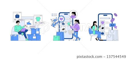 Vector illustration of people engaging in online shopping and using mobile devices for checkout. Includes product ratings, a digital shopping cart, and interactive buying options. 137544549