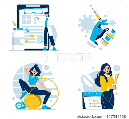 Vector illustration set featuring healthcare and wellness themes. Includes doctor consulting a patient, hand with vaccine, woman exercising with a fitness ball, and woman managing medications. Vector illustration set featuring healthcare and wellness themes. Includes doctor consulting a patient, hand with vaccine, woman exercising with a fitness ball, and woman managing medications. 137544568