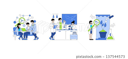 Scientists engage in teamwork and research within a lab setting. The illustration depicts collaborative discussions, laboratory experiments, and plant analysis, highlighting scientific exploration. Scientists engage in teamwork and research within a lab setting. The illustration depicts collaborative discussions, laboratory experiments, and plant analysis, highlighting scientific exploration. 137544573
