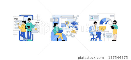 Vector illustration depicting collaboration in team task management. Individuals using technology to organize tasks, analyze data, and work alongside AI for efficient productivity. 137544575