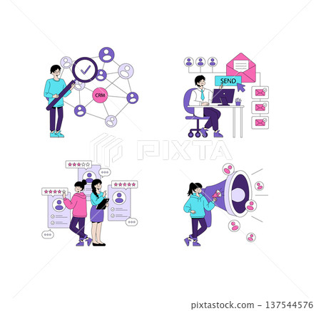 Set of vector illustrations showing business concepts. Includes CRM network, email communication, user feedback, and social media marketing, highlighting teamwork and collaboration. 137544576