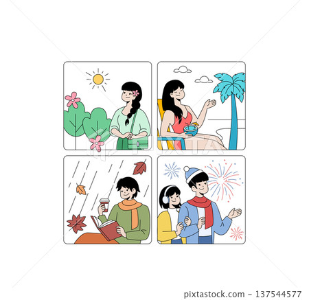 Vector illustration depicting four seasonal activities: enjoying spring flowers, relaxing with summer drinks, reading in autumn rain, and celebrating with fireworks in winter. 137544577