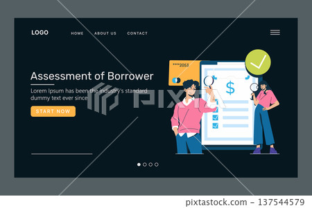 Vector illustration showing two individuals analyzing a borrower assessment checklist on a digital platform. One points to details, while the other inspects with a magnifying glass. 137544579