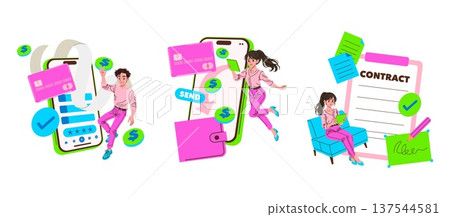Colorful vector illustration depicting a person using a mobile app for payment and another individual signing a digital contract, emphasizing digital transactions and agreements. Colorful vector illustration depicting a person using a mobile app for payment and another individual signing a digital contract, emphasizing digital transactions and agreements. 137544581