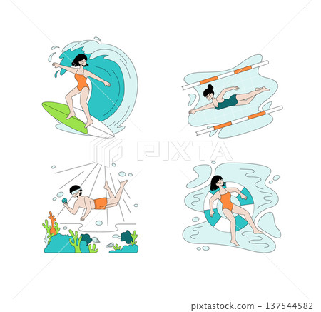 Vector illustration showcasing diverse water sports activities. Includes surfing on a wave, swimming in a pool, snorkeling underwater, and floating on an inflatable ring. Vibrant and dynamic Vector illustration showcasing diverse water sports activities. Includes surfing on a wave, swimming in a pool, snorkeling underwater, and floating on an inflatable ring. Vibrant and dynamic 137544582
