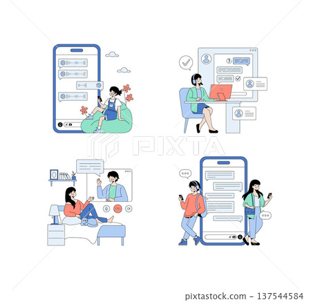Vector illustration depicting various digital communication scenarios. Characters engaged in online chatting, video calls, and social media interactions, showcasing modern technology use and 137544584