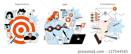 Vector illustration of target audience analysis, social media marketing engagement, and email marketing strategy. Depicts hands interacting with digital elements and devices. Vector illustration of target audience analysis, social media marketing engagement, and email marketing strategy. Depicts hands interacting with digital elements and devices. 137544585