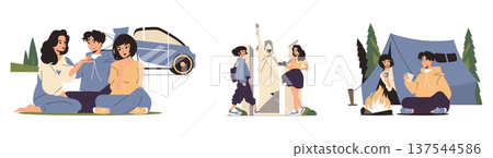 Vector illustration showcasing a group enjoying camping by a fire, exploring landmarks, and sharing moments by a car. Expressions of joy and excitement highlight a memorable adventure. Vector illustration showcasing a group enjoying camping by a fire, exploring landmarks, and sharing moments by a car. Expressions of joy and excitement highlight a memorable adventure. 137544586