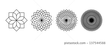 Set of simple linear flower icons isolated on white background. Floral spirograph shapes. Lotus or chrysanthemum petals top view. Simple mandala elements. Vector graphic illustration Set of simple linear flower icons isolated on white background. Floral spirograph shapes. Lotus or chrysanthemum petals top view. Simple mandala elements. Vector graphic illustration 137544588