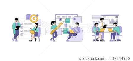 Vector illustration showcasing a team discussing project tasks, planning workflow, and collaborating on laptops. The scene includes task lists, flowcharts, and data analysis elements. Vector illustration showcasing a team discussing project tasks, planning workflow, and collaborating on laptops. The scene includes task lists, flowcharts, and data analysis elements. 137544590