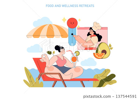 Vector illustration depicting a wellness retreat theme with a relaxed woman lounging on a beach chair enjoying a cocktail. Nearby, a chef cooks healthy meals, enhancing the wellness atmosphere. Vector illustration depicting a wellness retreat theme with a relaxed woman lounging on a beach chair enjoying a cocktail. Nearby, a chef cooks healthy meals, enhancing the wellness atmosphere. 137544591