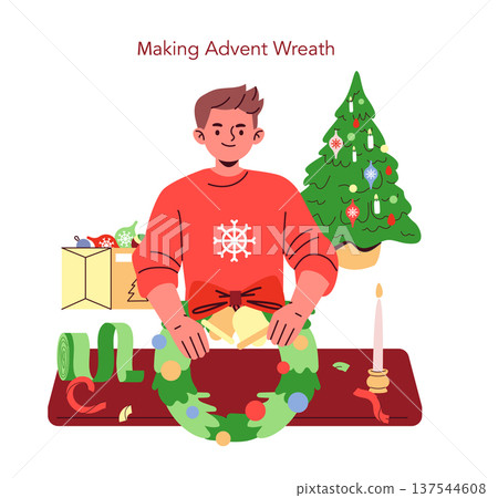 Vector illustration of a person crafting an Advent wreath with Christmas decorations on a table. The festive scene includes a Christmas tree, ribbon, and ornaments, emphasizing holiday preparation. Vector illustration of a person crafting an Advent wreath with Christmas decorations on a table. The festive scene includes a Christmas tree, ribbon, and ornaments, emphasizing holiday preparation. 137544608