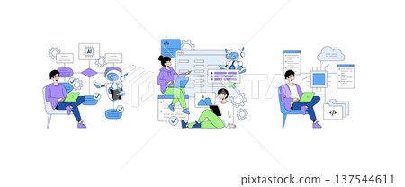 Vector illustration of people collaborating with AI robots on programming tasks. Depicts teamwork in a digital environment, showcasing coding, artificial intelligence, and innovation. 137544611