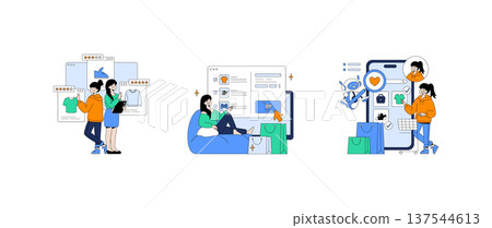 Vector illustration depicting various online shopping scenes. People browse and select clothing items with a joyful expression, depicting convenience and satisfaction in e-commerce. Vector illustration depicting various online shopping scenes. People browse and select clothing items with a joyful expression, depicting convenience and satisfaction in e-commerce. 137544613
