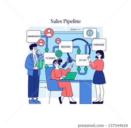Vector illustration of a business team planning a sales pipeline. Individuals collaborate with laptops and notes to define phases like awareness, interest, decision, and purchase. Vector illustration of a business team planning a sales pipeline. Individuals collaborate with laptops and notes to define phases like awareness, interest, decision, and purchase. 137544626
