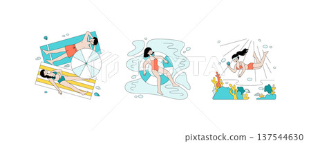Vector illustration depicting three people enjoying summer activities. One person suntans on a beach towel, another floats in a pool, and a third person snorkels underwater. Vector illustration depicting three people enjoying summer activities. One person suntans on a beach towel, another floats in a pool, and a third person snorkels underwater. 137544630