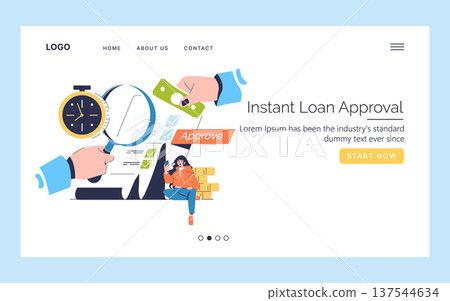 Vector illustration depicting instant loan approval process. Includes a large magnifying glass over documents, a hand holding money, an approval stamp, and a woman using a smartphone. 137544634