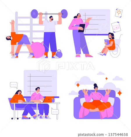 Engaging vector illustration showcasing diverse activities including fitness exercises, teaching, and relaxation. Individuals are depicted lifting weights, giving presentations, working, and 137544638