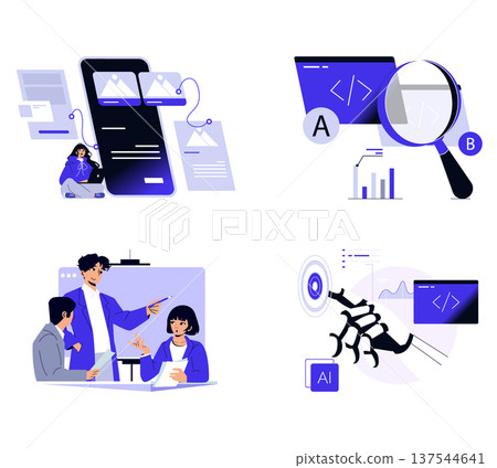 Vector illustration featuring scenes of UX design process, code analysis, AI interaction, and teamwork. Includes people working collaboratively and a robotic hand interacting with data. 137544641