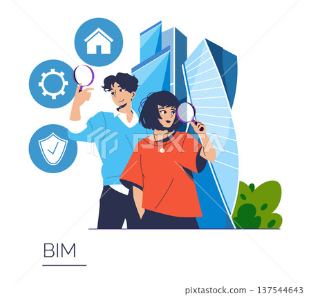 Vector illustration of two professionals analyzing Building Information Modeling (BIM) concepts. They use magnifying glasses near modern architecture symbols, representing teamwork and technology. Vector illustration of two professionals analyzing Building Information Modeling (BIM) concepts. They use magnifying glasses near modern architecture symbols, representing teamwork and technology. 137544643