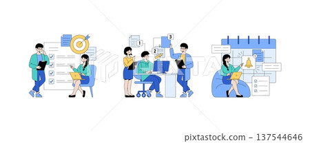 Vector illustration of a business team collaborating on strategy and planning. Depicts people discussing ideas, organizing tasks, and scheduling events with digital devices. 137544646