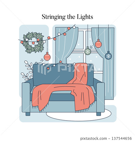 Vector illustration of a cozy living room with string lights and festive decorations. A couch with a blanket is centered in front of a window adorned with holiday ornaments. 137544656
