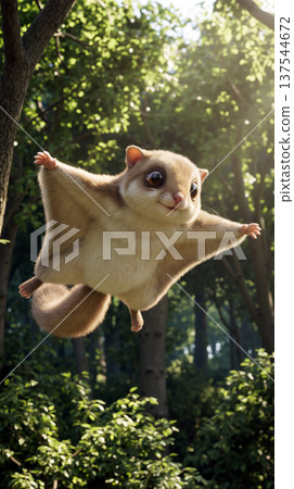 Cute animated Flying Squirrel Gliding Through a Sunlit Forest Canopy 137544672