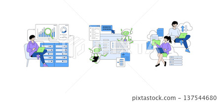 Vector illustration showing individuals and a robot engaging in data analysis and cloud computing. People interact with laptops and servers, displaying digital charts and coding. 137544680