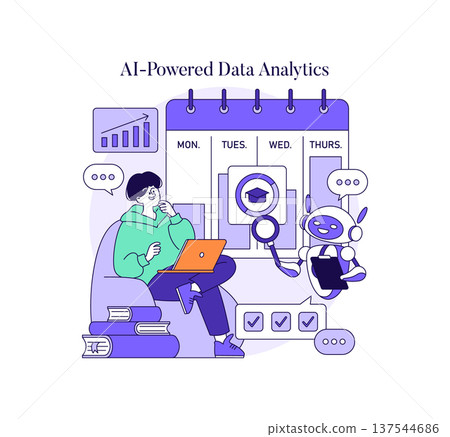 Vector illustration of a person engaging with a robot for AI-powered data analytics. Scene includes a calendar, laptop, and data visualizations, highlighting technology and innovation. Vector illustration of a person engaging with a robot for AI-powered data analytics. Scene includes a calendar, laptop, and data visualizations, highlighting technology and innovation. 137544686