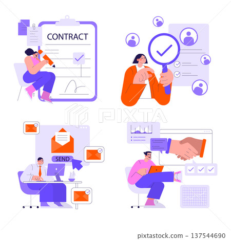 Business processes vector illustration set featuring characters engaged in contract signing, recruitment analysis, email sending, and handshake agreement in digital platforms. Business processes vector illustration set featuring characters engaged in contract signing, recruitment analysis, email sending, and handshake agreement in digital platforms. 137544690