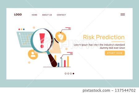 Vector illustration depicting risk prediction through graphs, charts, and magnifying glass with exclamation mark. Elements symbolize analysis, data review, and decision-making. Vector illustration depicting risk prediction through graphs, charts, and magnifying glass with exclamation mark. Elements symbolize analysis, data review, and decision-making. 137544702