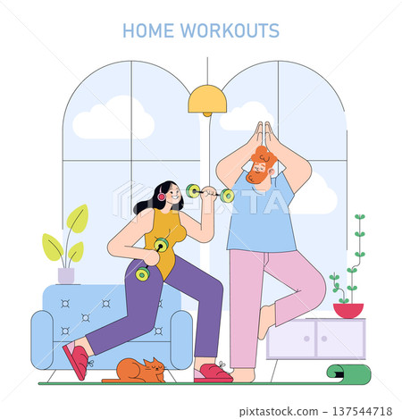 Vector illustration of two individuals engaged in home workouts. One person lifts dumbbells, and another performs a yoga pose. The scene includes a relaxing atmosphere with plants and a cat. 137544718