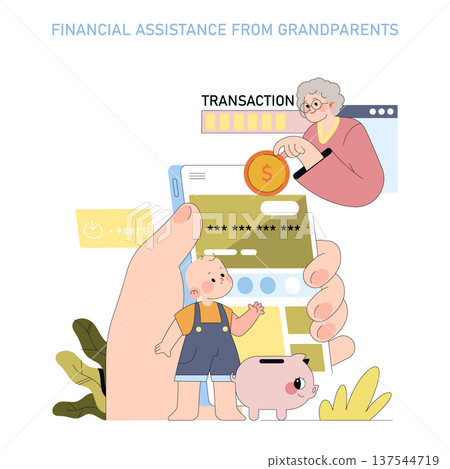 Vector illustration of a grandparent providing financial assistance to a child via mobile transaction. Shows interaction involving smartphone, piggy bank, and digital money. 137544719