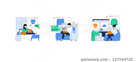 Three illustrations depicting people engaging in online shopping from home. Each person uses a laptop to browse clothing and make purchases, showcasing the convenience and ease of shopping online. Three illustrations depicting people engaging in online shopping from home. Each person uses a laptop to browse clothing and make purchases, showcasing the convenience and ease of shopping online. 137544720
