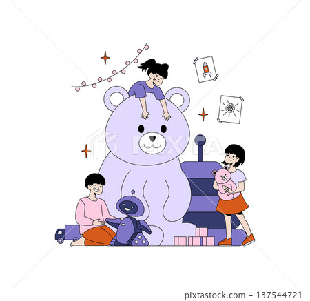 Children enjoying time with a giant teddy bear, robot toy, and wooden blocks in a playful setting. This vector illustration captures the joy and imagination of kids at play in a whimsical environment. Children enjoying time with a giant teddy bear, robot toy, and wooden blocks in a playful setting. This vector illustration captures the joy and imagination of kids at play in a whimsical environment. 137544721