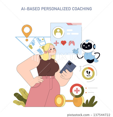 Vector illustration of AI-based personalized coaching with a woman holding a smartphone, interacting with a friendly robot, and visual elements of health tracking and navigation. 137544722