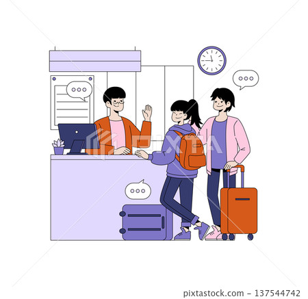 Vector illustration of travelers at a hotel reception desk. A friendly receptionist greets them as they check in, surrounded by luggage and engaging in conversation. 137544742