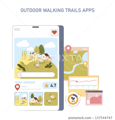 Vector illustration of a mobile app highlighting outdoor walking trails, featuring a scenic landscape, interactive maps, and performance graphs. Designed for hiking enthusiasts and travelers. 137544747