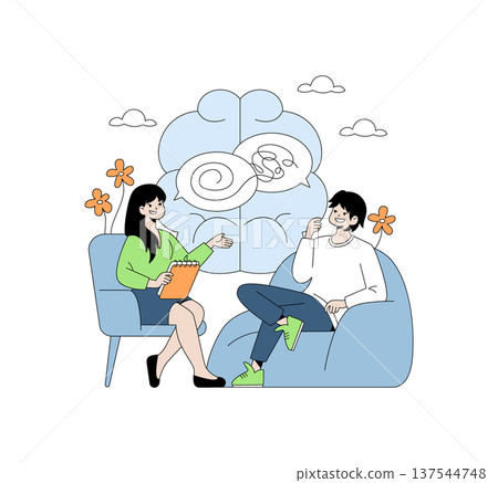 Vector illustration of a therapist and client engaging in a discussion. The scene depicts a positive interaction with thoughtful expressions, suggesting a supportive environment for conversation. Vector illustration of a therapist and client engaging in a discussion. The scene depicts a positive interaction with thoughtful expressions, suggesting a supportive environment for conversation. 137544748