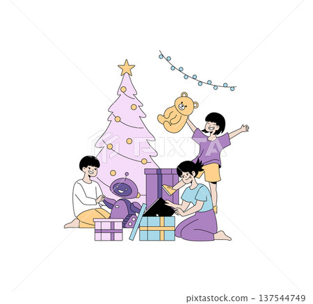 Children joyfully open gifts around a festively decorated Christmas tree. The illustration captures the excitement of holiday gift-giving, featuring toys and happy expressions. Children joyfully open gifts around a festively decorated Christmas tree. The illustration captures the excitement of holiday gift-giving, featuring toys and happy expressions. 137544749