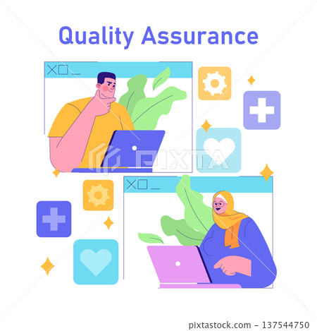 Digital illustration depicting team members engaged in quality assurance tasks on laptops with thoughtful expressions, surrounded by icons representing quality control and assurance concepts. Digital illustration depicting team members engaged in quality assurance tasks on laptops with thoughtful expressions, surrounded by icons representing quality control and assurance concepts. 137544750