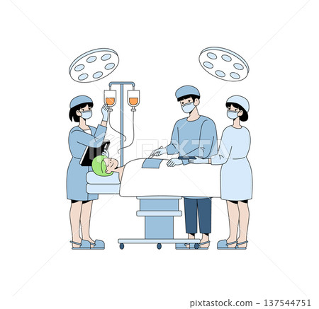 Medical professionals conducting surgery in a sterile environment. Vector illustration of a doctor and nurses in an operating room with patient on table, focusing on teamwork and precision. 137544751